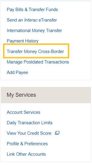 From the Account Summary page select Transfer Money Cross-Border on the right-hand sidebar