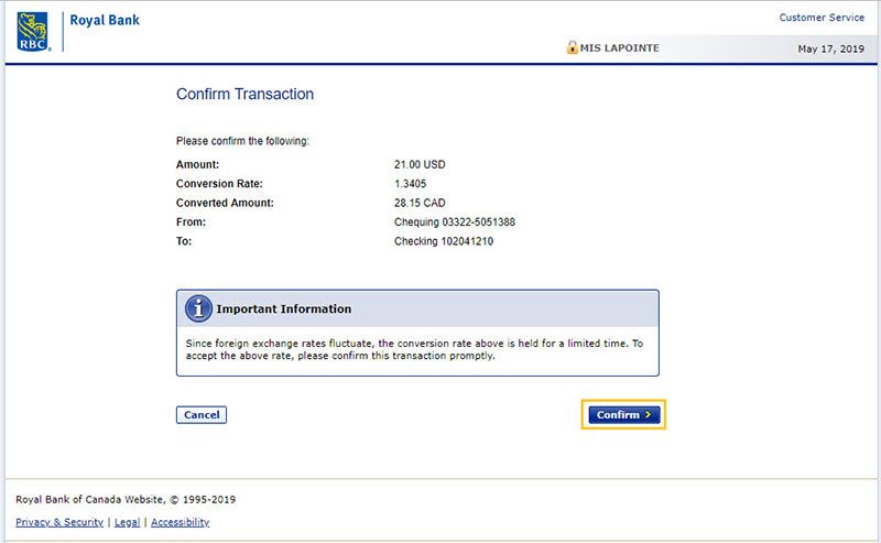 Review your transfer details and confirm by clicking Confirm