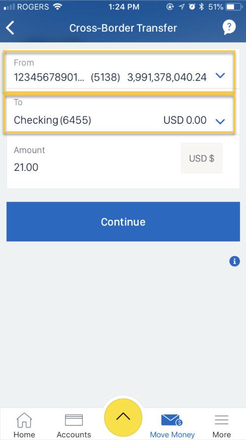 Choose which Canadian account you want to move money From, and which U.S. account you want to move money To