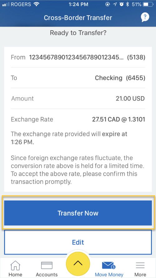 Review your transfer details and confirm by hitting Transfer Now