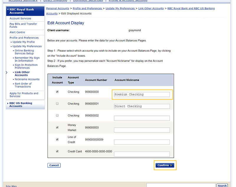 Select the accounts you would like to manage and change how you want the account names to be viewed by changing the Account Nicknames. Hit Confirm