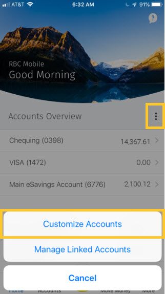 If your accounts aren’t displayed, tap the 3-dot Manage Menu button and select Customize Accounts